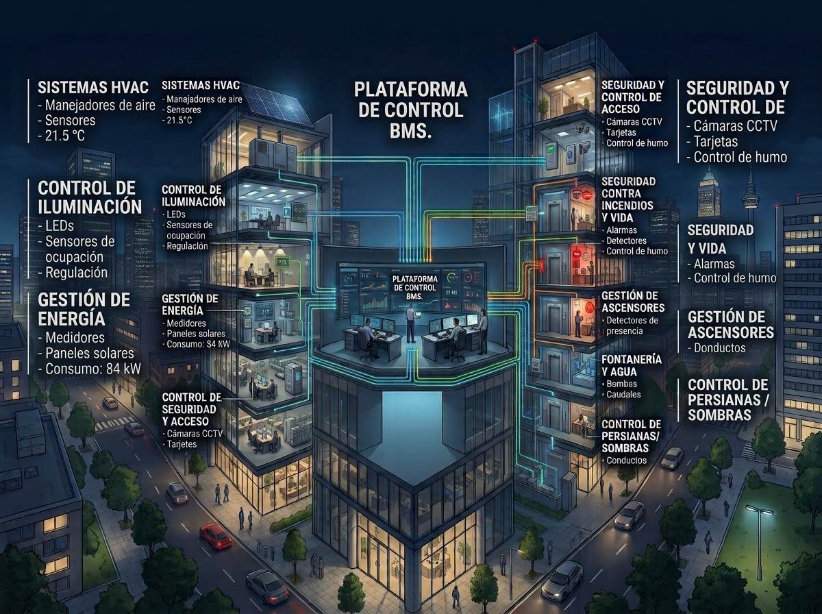 Esquema de una plataforma de control BMS gestionando HVAC, iluminación, energía y seguridad de un edificio